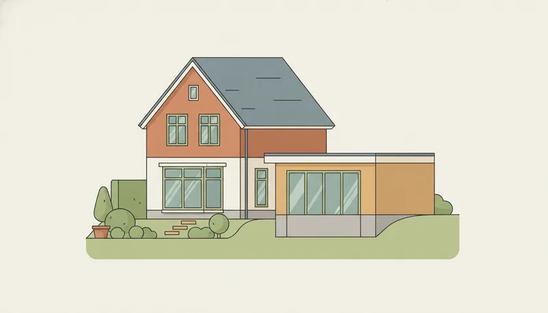 Illustratie in doorsnede van een aanbouw aan de achterkant van een huis, met fundering, wanden en plat dak.