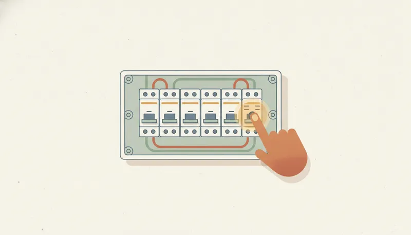 Illustratie van een groepenkast met een hand die de testknop van een aardlekschakelaar indrukt.