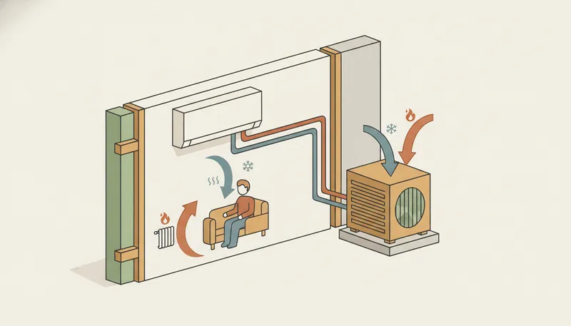 Illustratie van een split-airco met binnen- en buitenunit die zowel koelt als verwarmt.