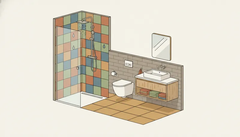Illustratie van een gerenoveerde badkamer met inloopdouche, hangtoilet en wastafelmeubel.