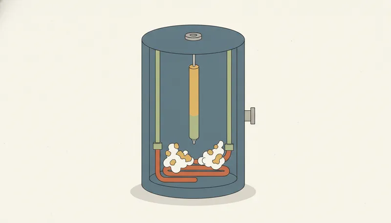 Illustratie van een boiler in doorsnede met verwarmingselement, kalkaanslag, anode en overdrukventiel.