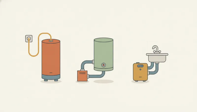 Illustratie van drie soorten boilers: elektrische boiler, indirecte boiler en close-in boiler.