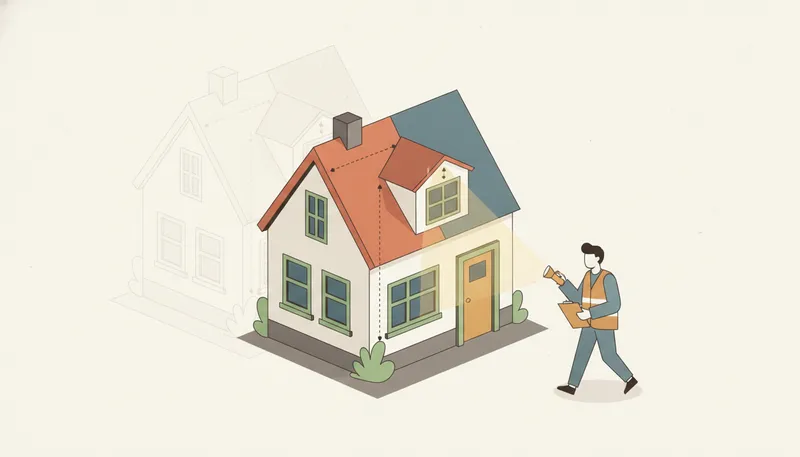 Illustratie van een bouwkundig inspecteur die met een klembord de buitenkant van een huis controleert.
