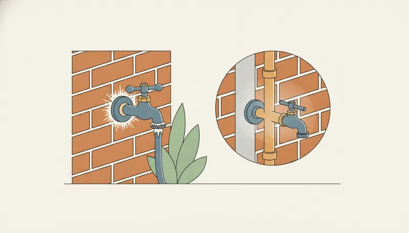 Illustratie van een vorstvrije buitenkraan aan een gevel, met een uitgelicht detail van het afsluitmechanisme diep in de muur.