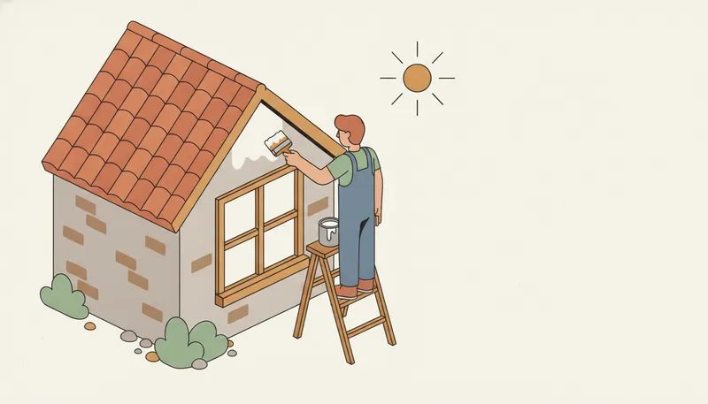 Illustratie van buitenschilderwerk: houten kozijnen en lijstwerk schilderen met een kwast.