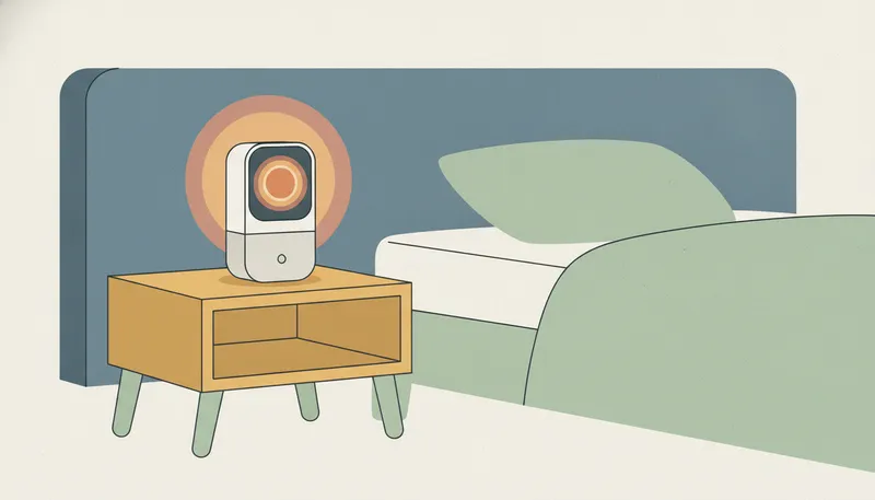 Illustratie van een CO2-meter op een nachtkastje in een slaapkamer.