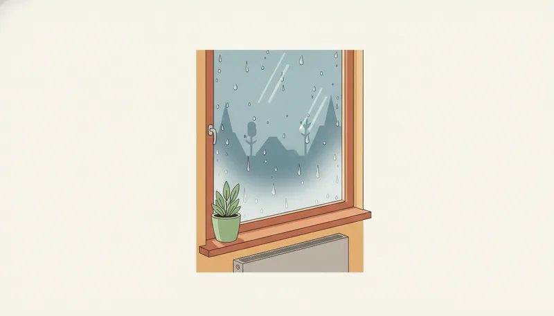 Illustratie van condens op een raam: waterdruppels en aanslag aan de binnenkant van het glas.