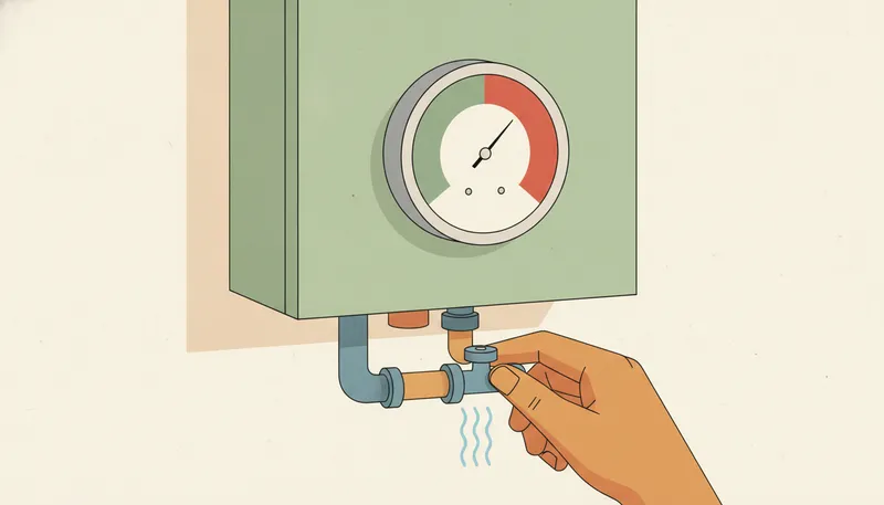 Illustratie van een cv-ketel bijvullen: de vulkraan onder de ketel en de drukmeter met de wijzer in het groene gebied.