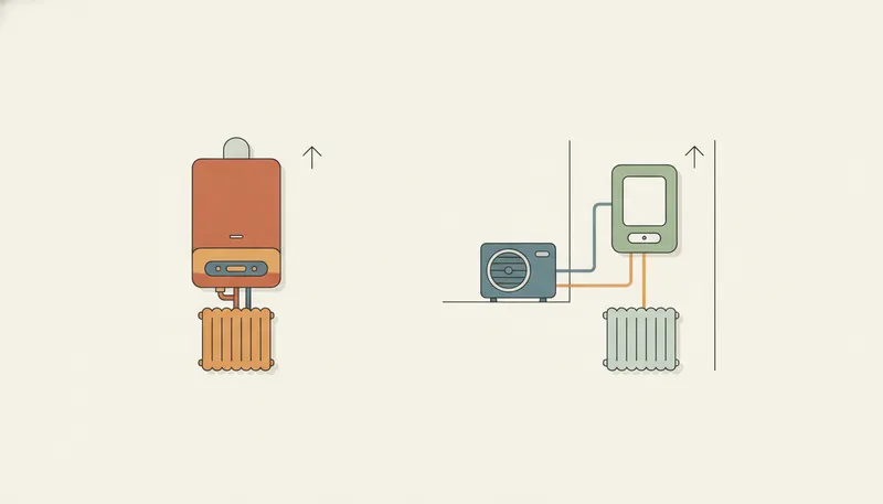Illustratie die een cv-ketel vergelijkt met een warmtepomp als verwarming.