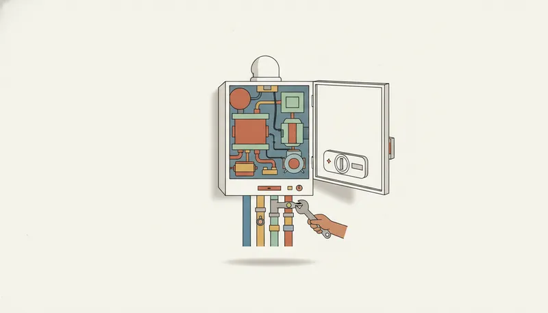 Illustratie van een cv-ketel aan de muur die vervangen wordt, met leidingen en gereedschap.
