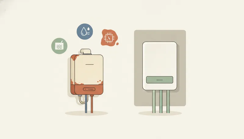 Illustratie van een oude cv-ketel met signalen van slijtage naast een nieuwe ketel.