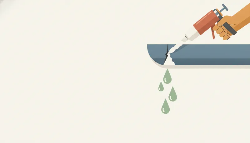 Illustratie van een lekkende dakgoot: water druppelt uit een naad, met een hand die kit aanbrengt om te repareren.