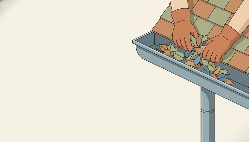Illustratie van dakgoot schoonmaken: bladeren en vuil uit de goot scheppen.