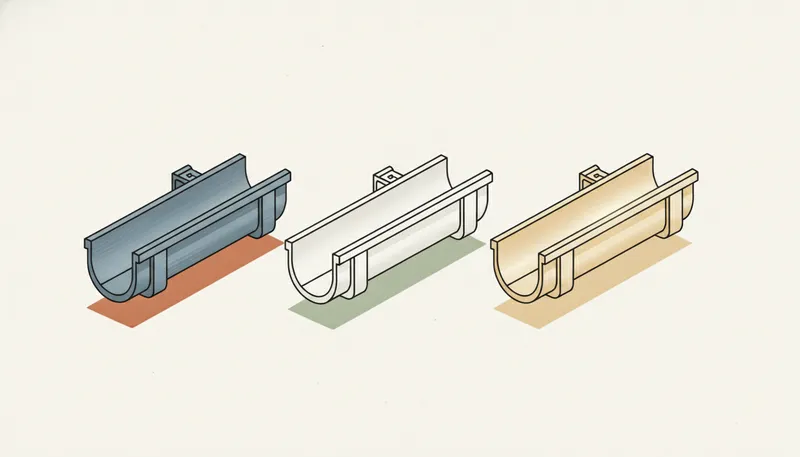Illustratie met drie soorten dakgoot: zink, kunststof (pvc) en aluminium.