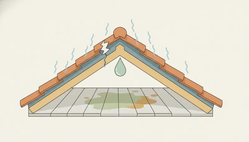 Illustratie in doorsnede van een daklekkage: water dringt binnen via een beschadigd dak en druppelt op de zoldervloer.