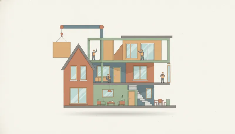 Illustratie in doorsnede van een dakopbouw: een extra verdieping bovenop de bestaande woning.