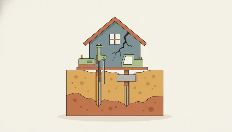 Illustratie in doorsnede van funderingsherstel: nieuwe palen onder de fundering, met een scheur in de muur erboven.