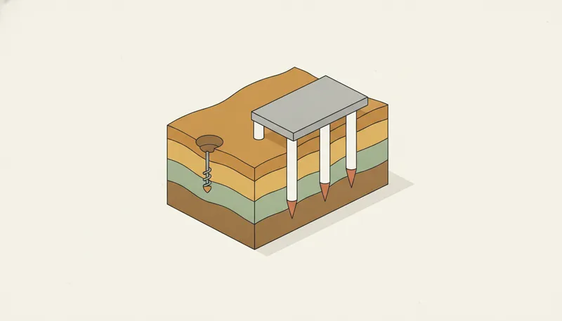 Illustratie van funderingsonderzoek: een grondmonster naast de fundering, met de palen in de grond.