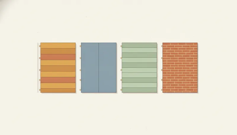 Illustratie van een gevel met vier soorten gevelbekleding: hout, vezelcement, kunststof en steenstrips.