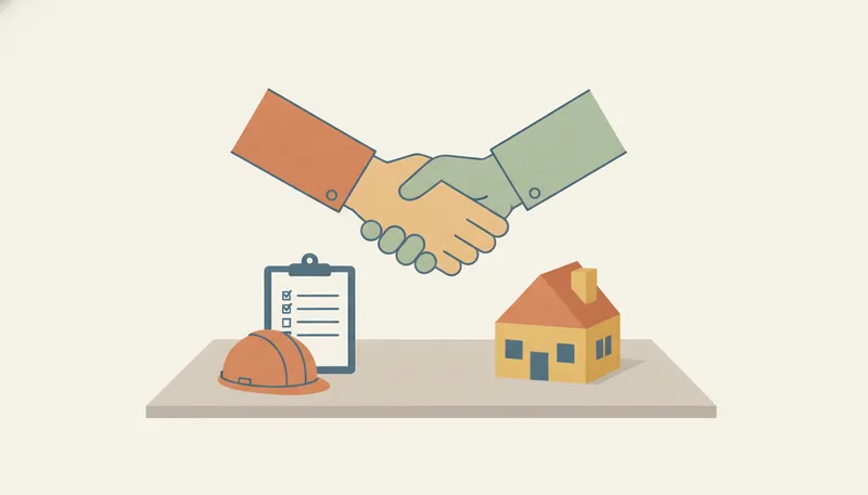 Illustratie van een handdruk voor een huismodel met een checklist en bouwhelm ernaast, symbool voor een goede aannemer kiezen.