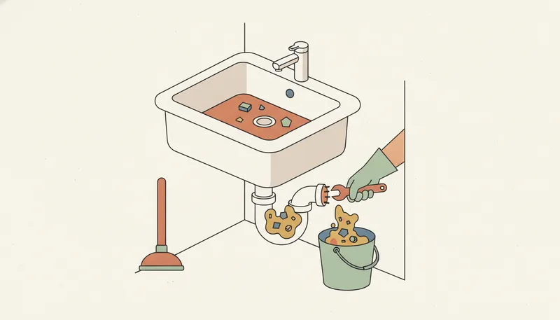 Illustratie van een verstopte keuken-gootsteenafvoer met sifon, plus een ontstopper.