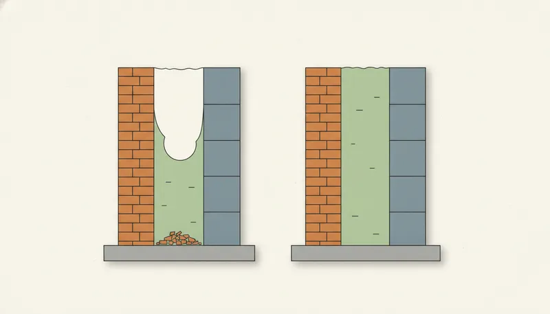 Illustratie in doorsnede van een spouwmuur met een ongelijkmatige, onvolledige vulling naast een goed gevuld deel.