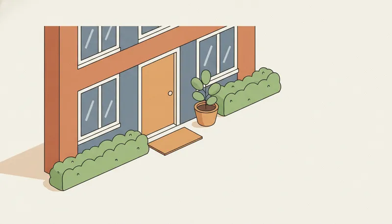 Illustratie van een verzorgd, verkoopklaar huis met een nette voortuin en deurmat.