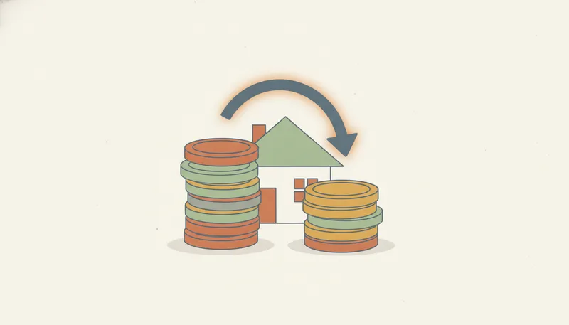 Illustratie van twee muntstapels verbonden door een pijl, met een huis op de achtergrond, symbool voor het oversluiten van een hypotheek.