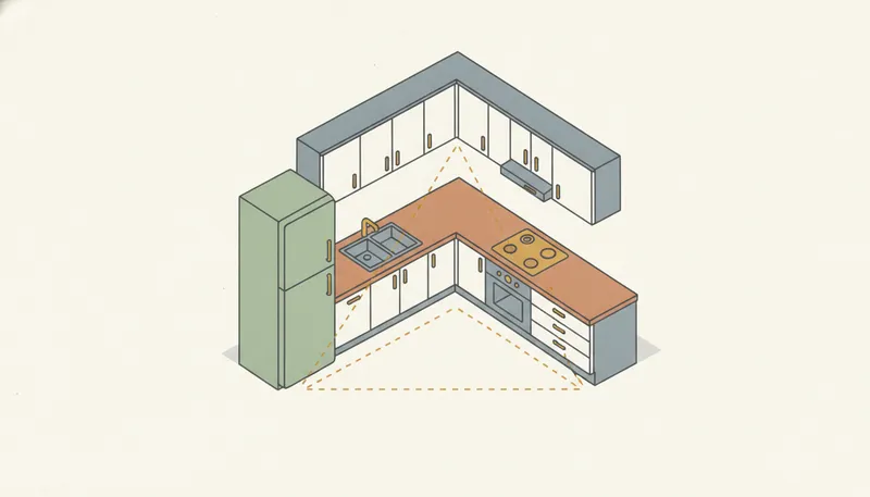 Illustratie van de keuken-werkdriehoek in plattegrond: koelkast, spoelbak en kookplaat verbonden tot een driehoek.