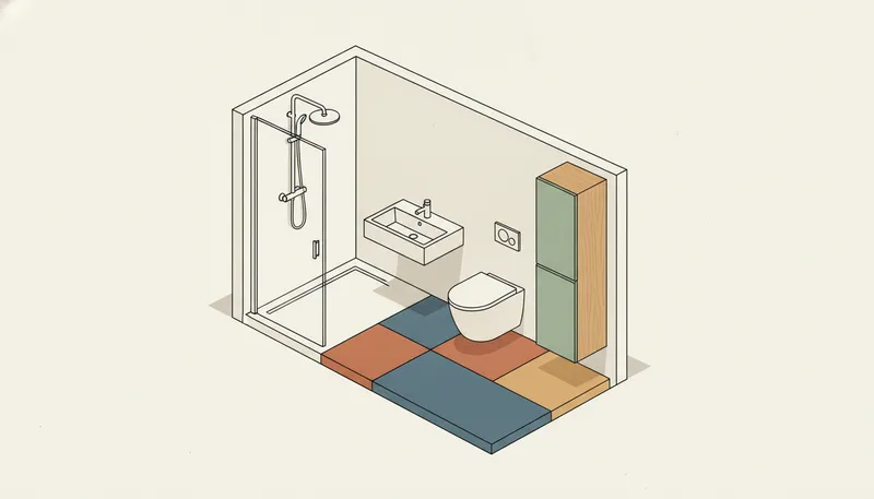 Plattegrond van een kleine, slim ingedeelde badkamer met hoekdouche, wastafel, toilet en smalle kast.