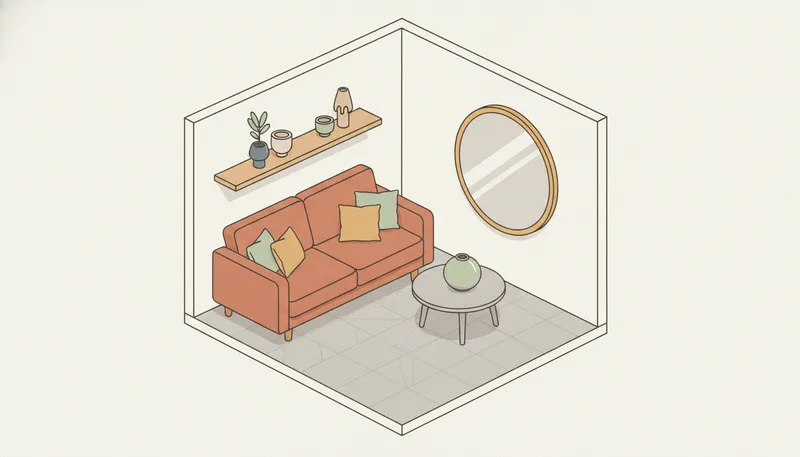 Plattegrond van een kleine woonkamer met compacte bank, een smalle wandplank en een ronde spiegel.