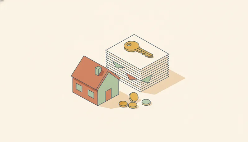 Illustratie van een huis naast een stapel documenten, munten en een huissleutel, symbool voor de kosten koper.