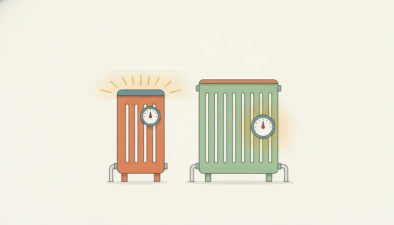 Illustratie die een gewone radiator met hoge temperatuur vergelijkt met een grotere lage-temperatuurradiator.