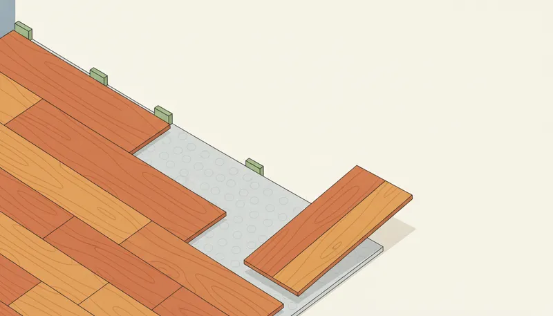 Illustratie van laminaat leggen: klikplanken op een ondervloer met afstandhouders langs de muur.