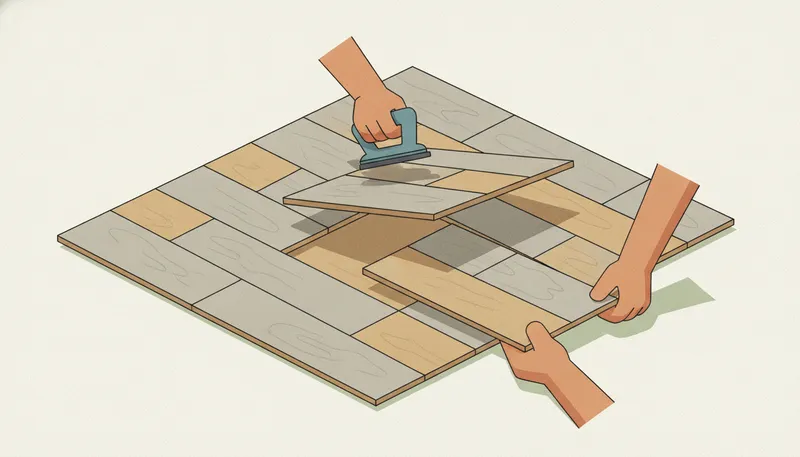Illustratie van laminaat repareren: een beschadigde plank wordt uit de vloer gehaald om te vervangen.