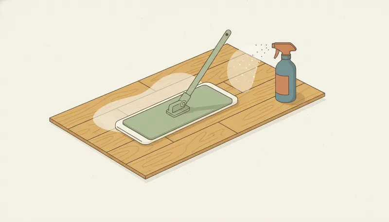 Illustratie van laminaat schoonmaken met een licht vochtige vlakke mop.