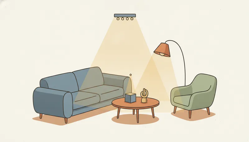 Illustratie van een lichtplan voor de woonkamer met drie lichtlagen: algemeen, sfeer- en accentlicht.