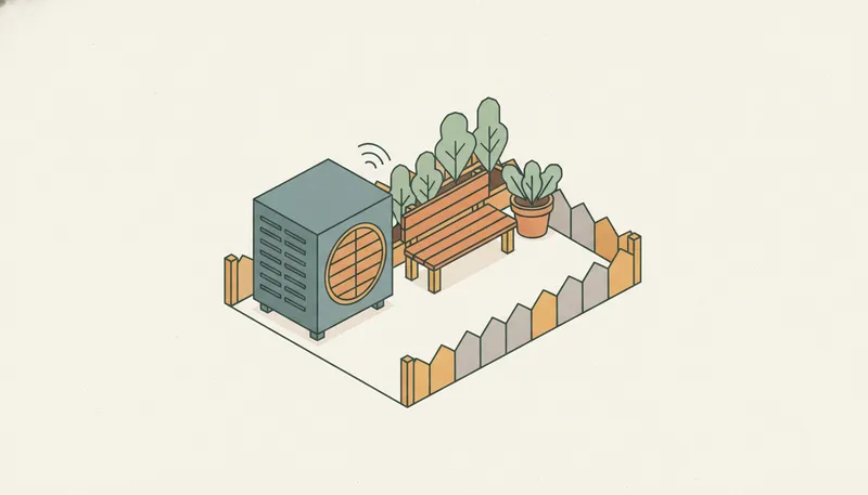 Illustratie van een warmtepomp-buitenunit die ruimte inneemt in een kleine tuin, met een geluidsgolf-icoon.