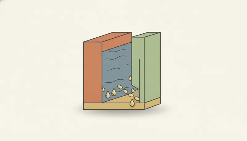 Illustratie in doorsnede van een spouwmuur met een gat in de isolatievulling waar vocht doorheen kan trekken.