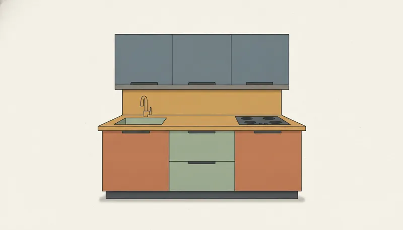 Illustratie van een nieuwe, strak ingerichte keuken met kastjes, spoelbak en kookplaat.