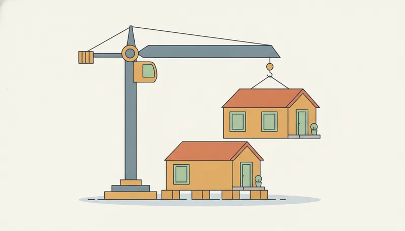 Illustratie van een kraan die een prefab woningmodule op een fundering plaatst.