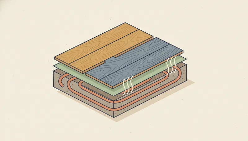 Illustratie in doorsnede van pvc-vloer op vloerverwarming: klikvloer boven op de warme leidingen in de dekvloer.