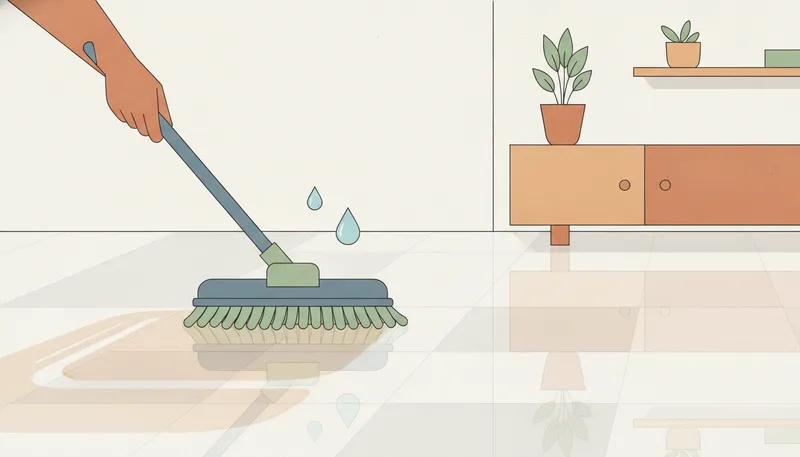 Illustratie van een pvc-vloer die met een microvezelmop wordt schoongemaakt.