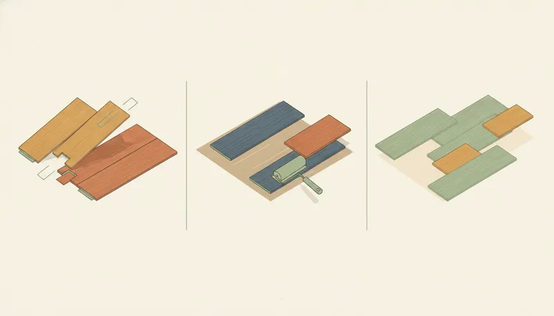 Illustratie met drie soorten pvc-vloer: klik-pvc, verlijmde (dryback) pvc en losliggende pvc.