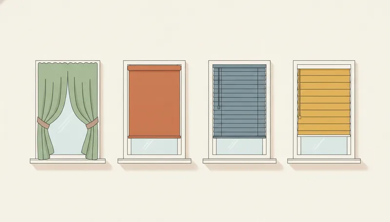 Illustratie met vier soorten raamdecoratie: gordijnen, rolgordijn, jaloezieën en plisségordijn.