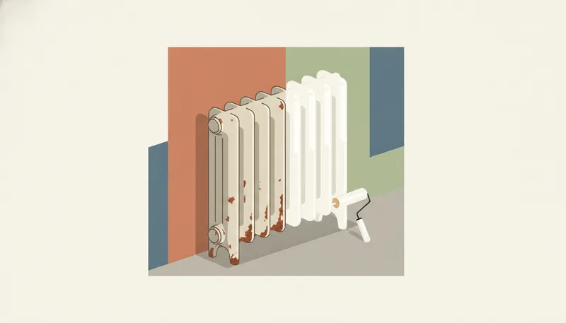 Illustratie van een radiator die half oud en dof, half vers geverfd en glanzend is.