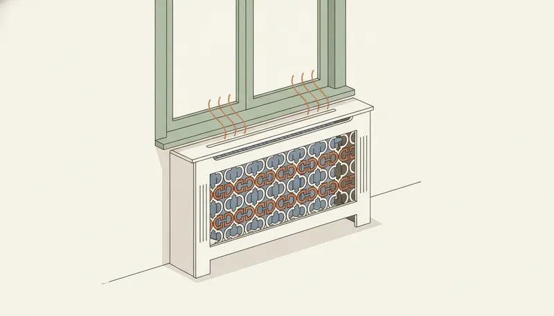 Illustratie van een radiatorombouw met sierrooster over een radiator onder het raam.