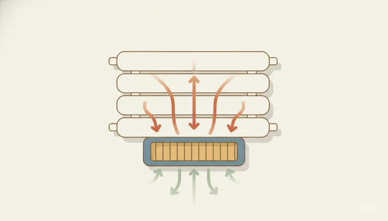 Illustratie van een radiatorventilator onder een radiator die de warme lucht beter de kamer in blaast.