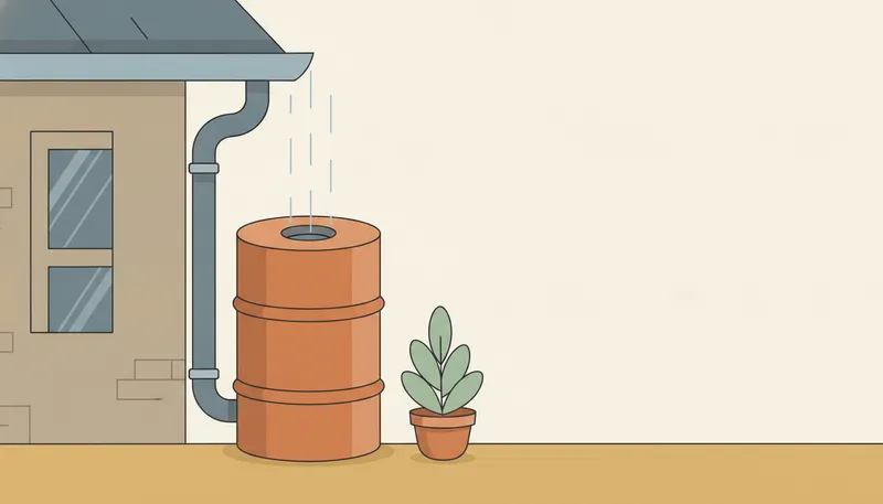 Illustratie van een regenton naast een regenpijp die water opvangt tijdens een regenbui.