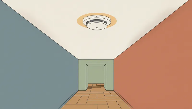 Illustratie van een rookmelder gemonteerd op een plafond midden in een gang.